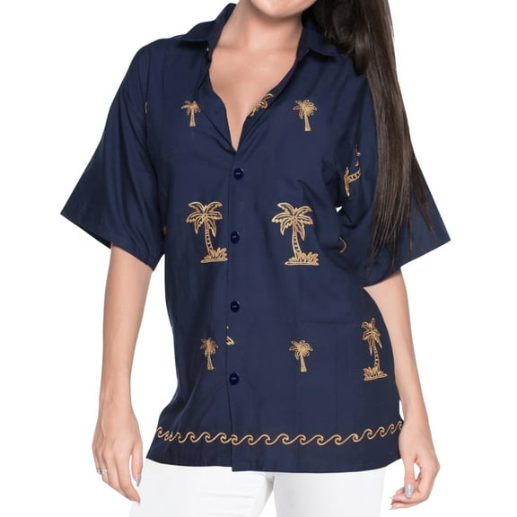 HAPPY BAY Women's Casual Solid Short Sleeve Blouse Shirt TShirts Button Up Dress Tops Tee Shirts Hawaiian Blouses for Women L plus-size Denim, Palm Tree
