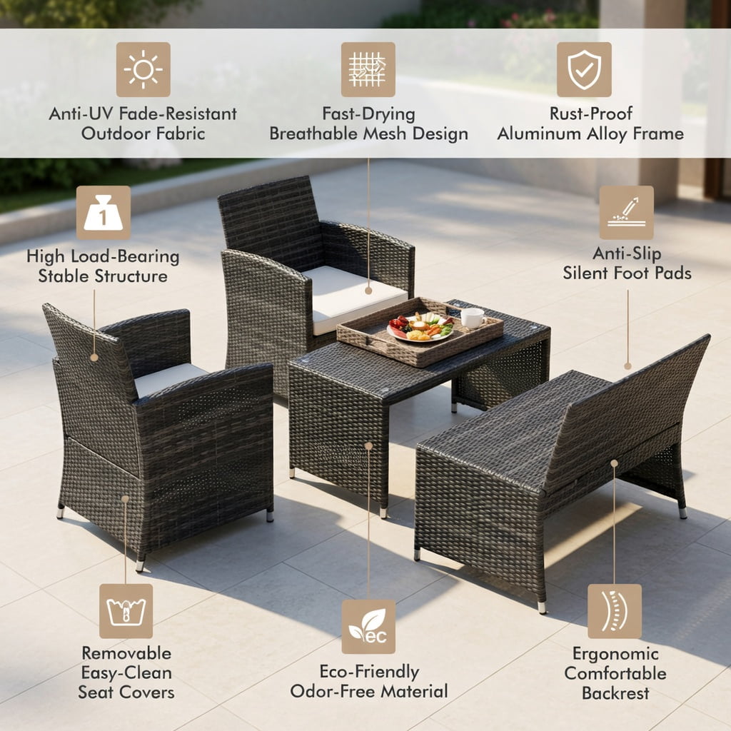 Hommoo 4-Piece Outdoor Rattan Patio Furniture Set, Loveseat + 2 Single Sofas + Tempered Glass Coffee Table for Backyard, Balcony & Garden, White