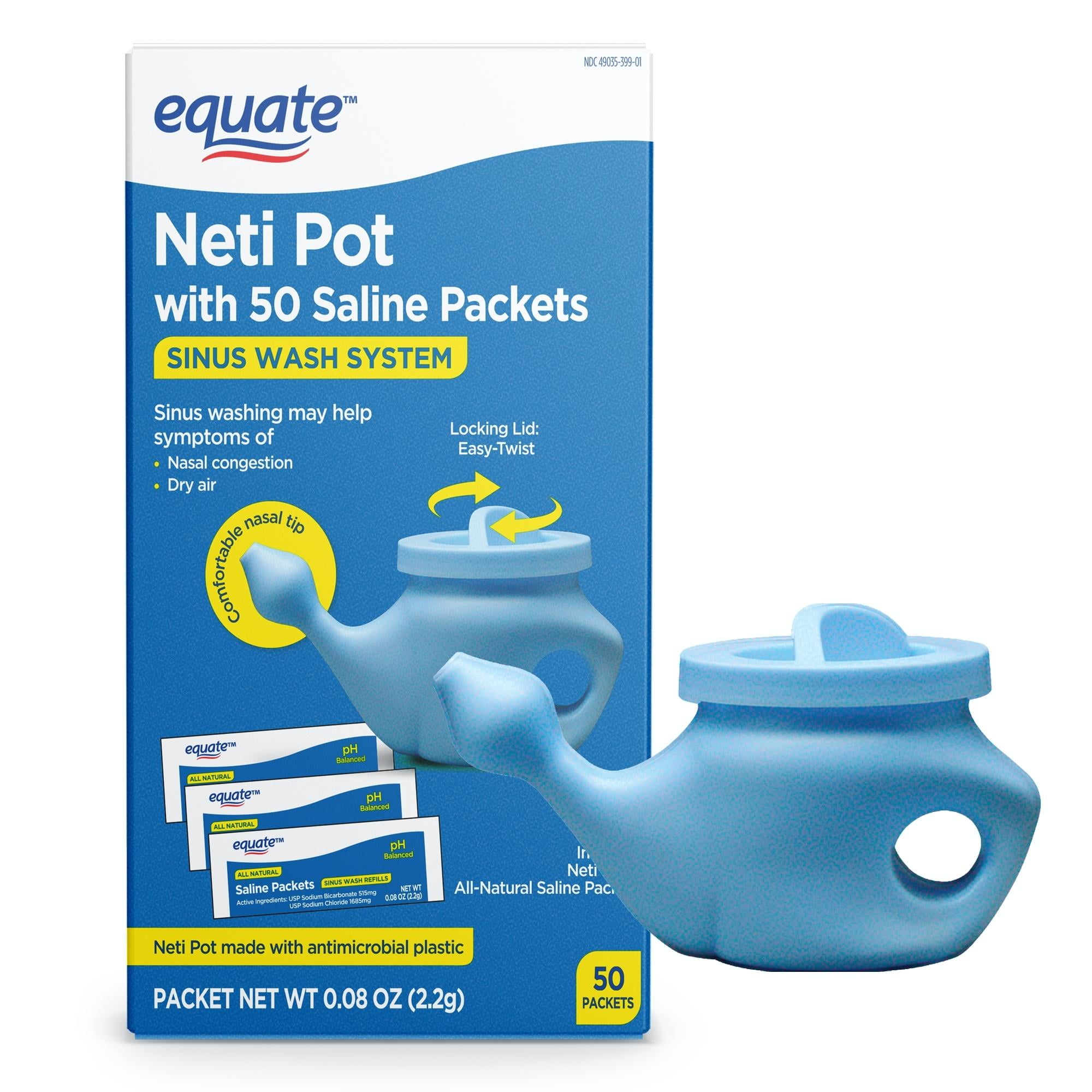 Equate Neti Pot with 50 Saline Packets Nasal Wash System for Sinus Congestion - Blue