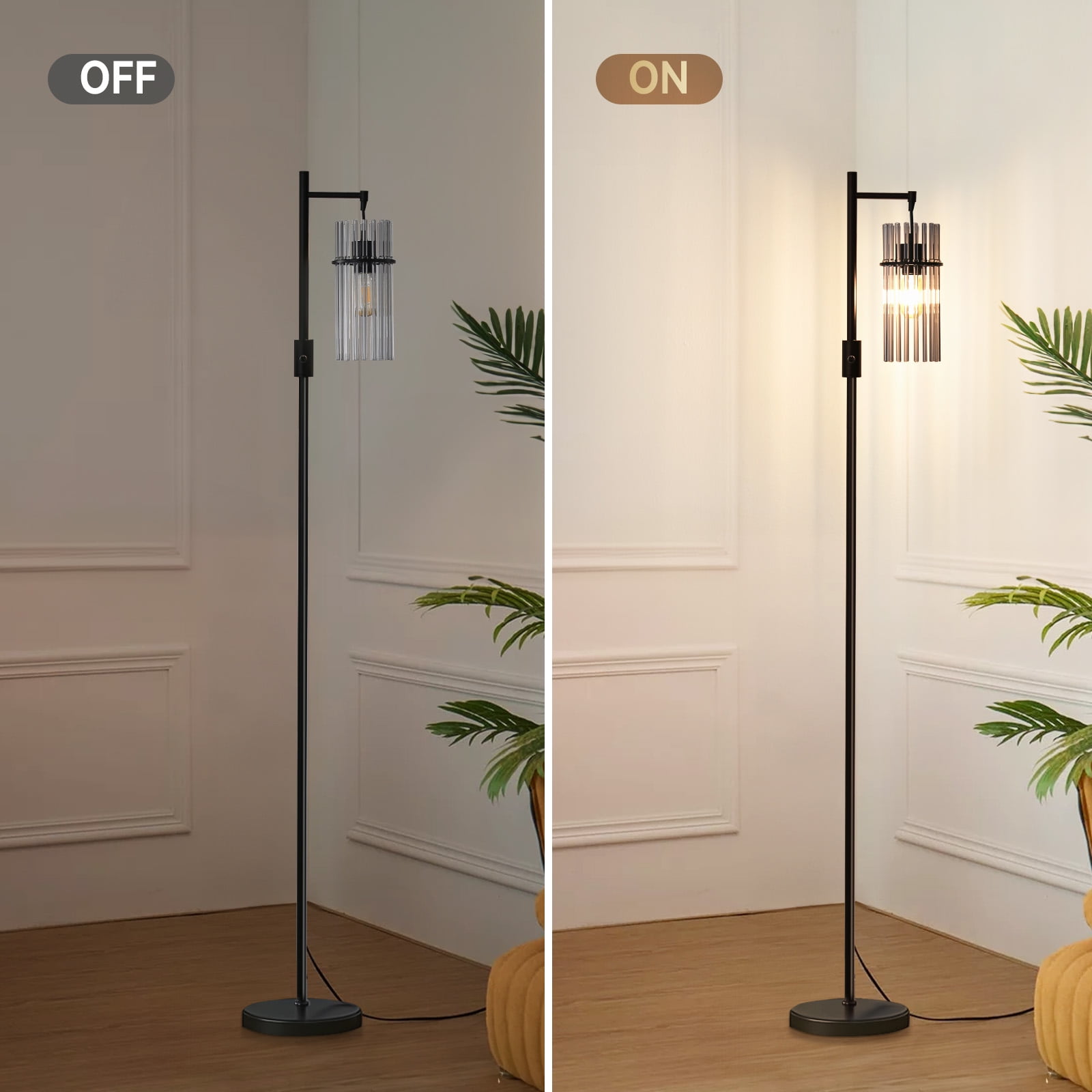 Industrial Floor Lamps for Living Room, Dimmable Floor Lamp Modern Standing Lamps with Glass Lampshade, Rotary Switch, LED Bulbs, Tall Lamps for Bedroom, Office (1 Lampshade