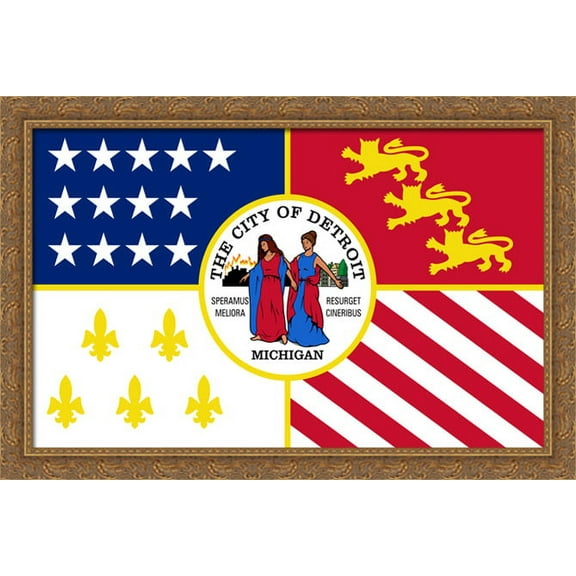 Detroit, Michigan Flag Art 40x26 Large Gold Ornate Wood Framed Canvas Art