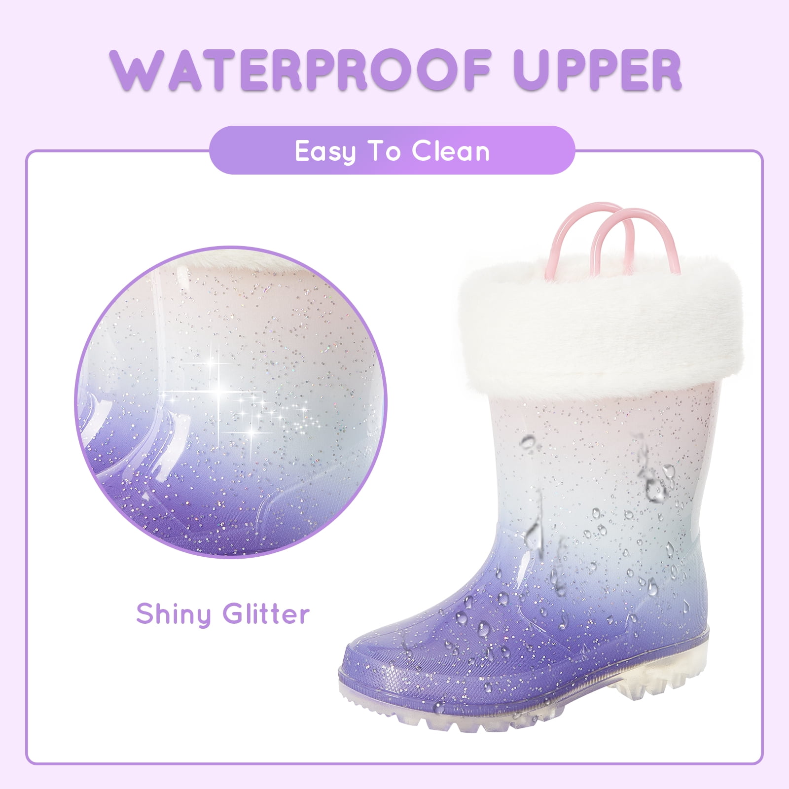 Kids Toddler Light up Rain Boots for Girls Winter Warm Glitter Boots with Removable Lining, Purple Gradient, Size 10