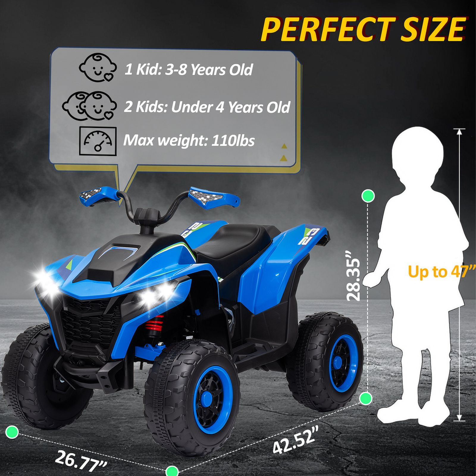 Kids ATV 4 Wheeler, 24V 2 Seater Electric ATV Quad w/4WD Motor, Protective Gear Set, Bluetooth, LED Lights, Spring Suspension, Battery Powered Ride on Toys for Big Kids, Boys, Girls, Christmas, Blue