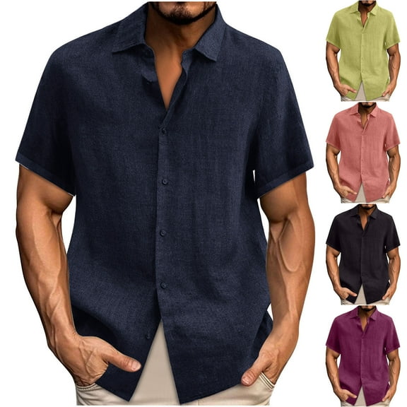 WAENQINLA Big and Tall Linen Shirts for Men Casual Short Sleeve Button Down Shirt Solid Color Men's Summer Beach Vacation Shirts