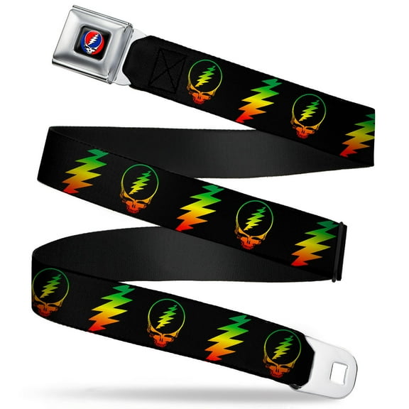 Grateful Dead Belt, Seatbelt Buckle Belt, Steal Your Face Lightning Bolt Repeat Black Rasta, 30 to 44 Inches