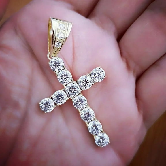 4Ct Round-Cut Real Moissanite Cross Pendant 14K Yellow Gold Plated Free Chain
