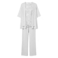 thumbnail image 4 of Elegant Long Sleeve Crew Neck Lace Chiffon Floral Top and Wide Leg Pants Two Piece Outfit Women Summer Solid Color Wedding Guest Plus Size White L, 4 of 5