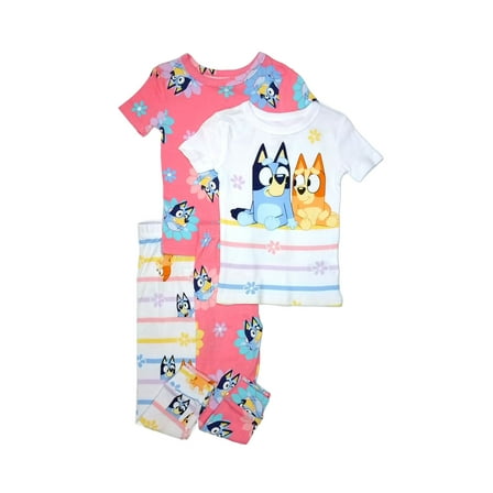 Bluey and Bingo Toddler Girl's Spring Floral and Stripes 4-PC Cotton Pajama Set, Size 3T