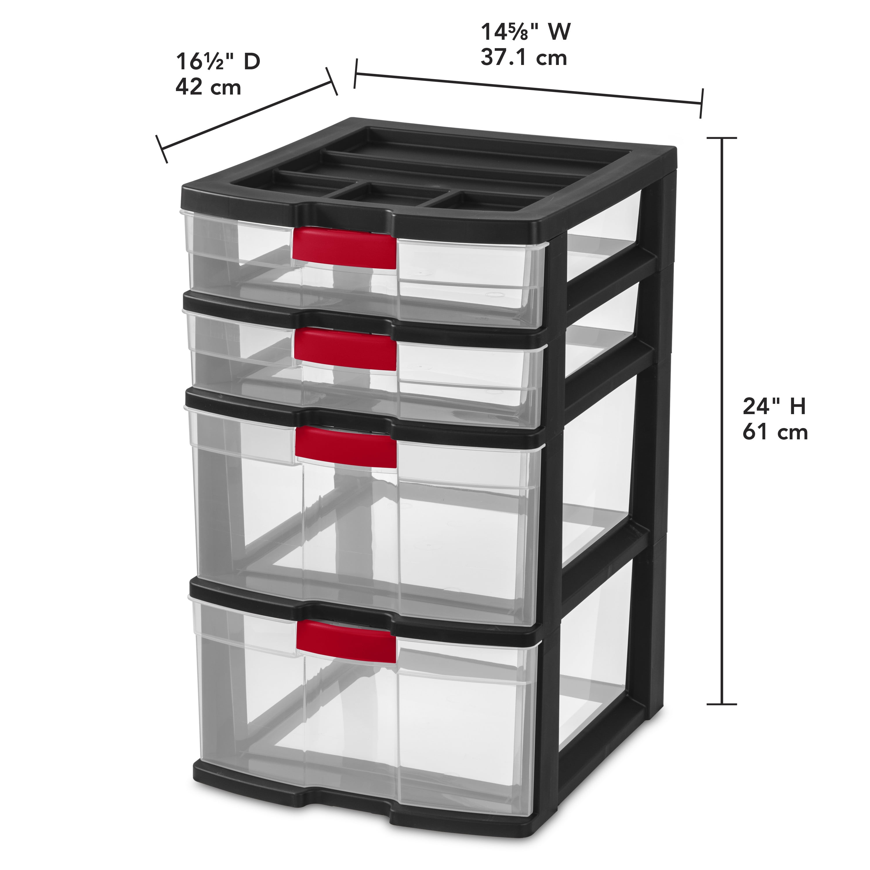 (2 pack) Sterilite 4 Drawer Heavy Duty Locking Tower, Clear Plastic Latch Drawers with Divided Lid, Black
