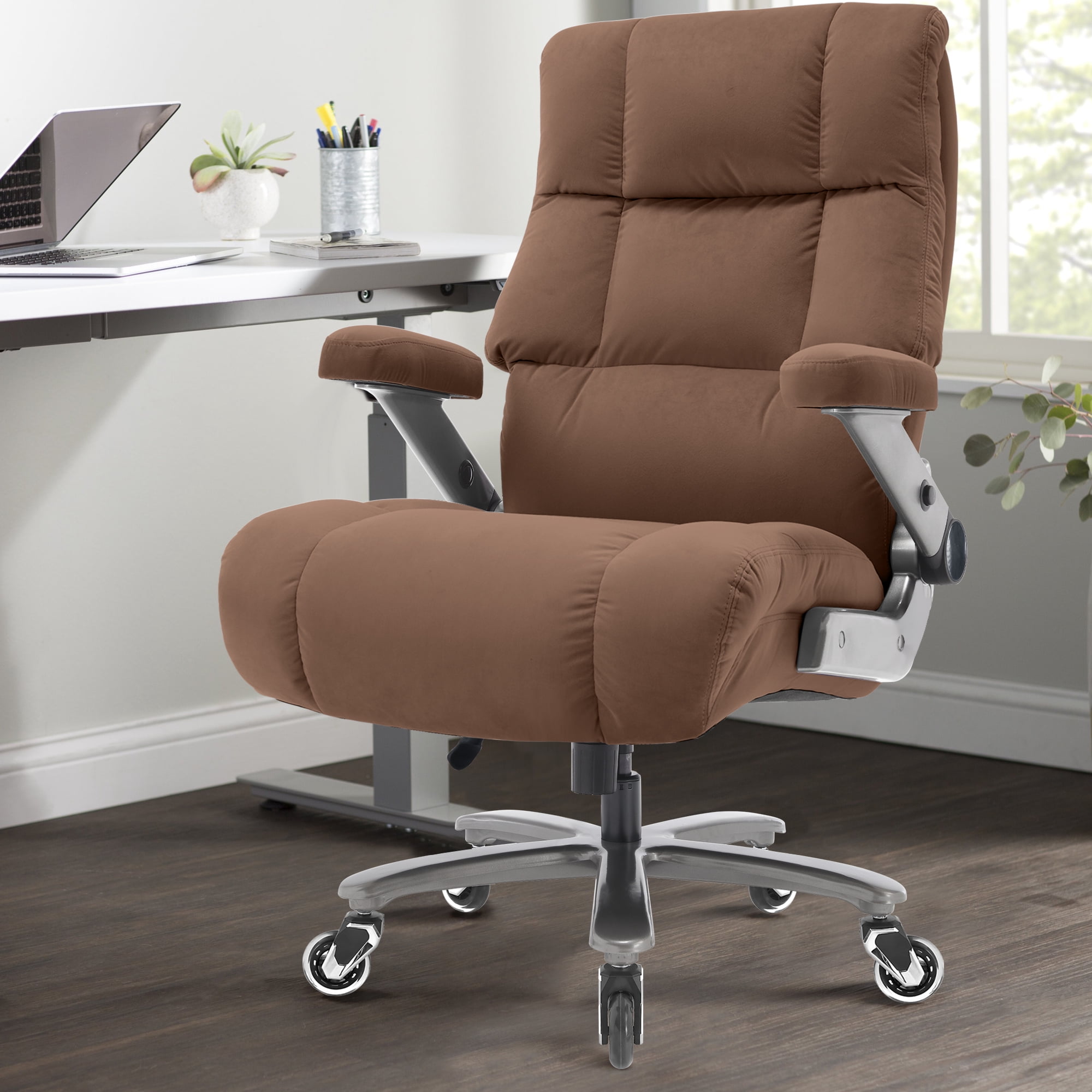 Big and Tall 700lbs Office Chair, Ultra-Soft Fabric Executive Desk Chair, Ergonomic Computer Chair with 3D Flip Up Arms, Adjustable Lumbar Support, Heavy Duty Metal Base and Quiet Rubber Wheel, Brown