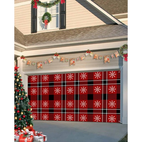 Garage Door Banner Cover 6 x 13 ft, Christmas Red Buffalo Plaid Snowflake Christmas Garage Door Decorations Holiday Christmas Backdrop Decor for Winter New Year Xmas Party