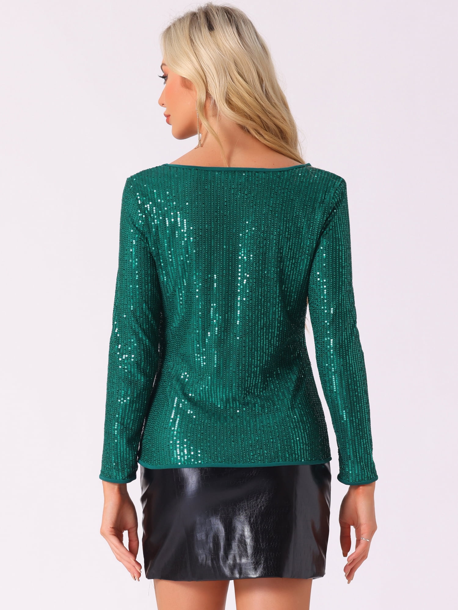 DARING DIVA Women's Sequin Cowl Neck Long Sleeve Sparkle Tops XL Dark Green