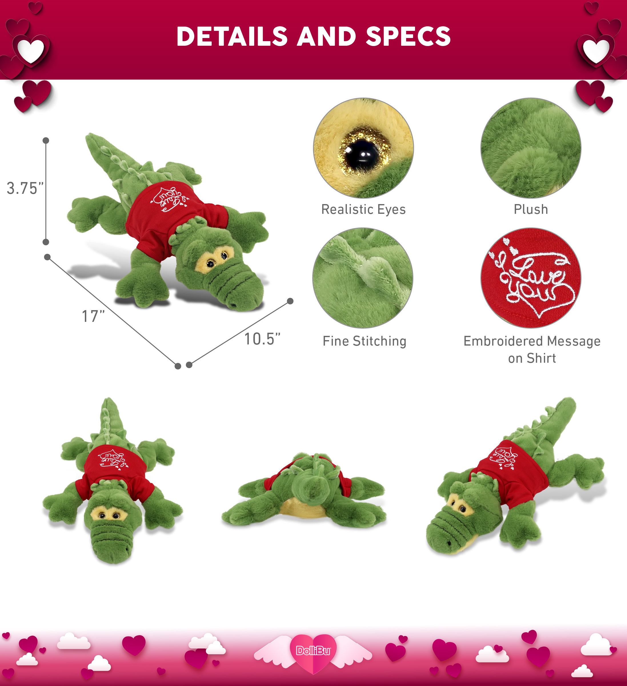 DolliBu I LOVE YOU Super Soft Large Green Alligator - Stuffed Green Alligator Animal with Red Shirt For Valentine, Anniversary, Romantic Date, Boyfriend, or Girlfriend Gift - 17 inches