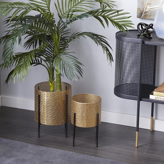 Metal Indoor Outdoor Planter Floral Cutout Small Planter Pot with Removable Stand, Set of 2 Planters 15", 14"H, Gold
