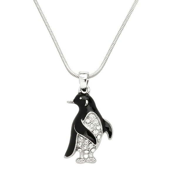 Penguin Pendant Necklace Rhinestone Crystal Rhodium Plated 17 Inch Snake Chain J0917