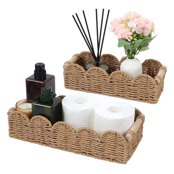 Toilet Paper Storage Basket Set of 2 with Wooden Handles, Scalloped Paper Rope Woven Bathroom Organizer, Cute Decorative Shelf Baskets for Living Room, Beige