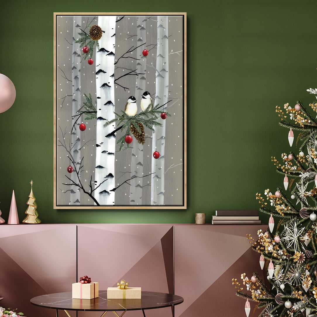 Birch Birds I - Framed Gallery Wrapped Holiday Canvas - 27 x 41 - Natural Wood Frame