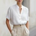 thumbnail image 3 of Linen Shirts for Women Short Sleeve Band Collar V Neck Button Up Summer Blouses Business Casual Office Work Shirts, 3 of 9