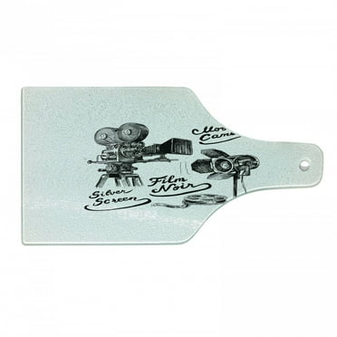 Movie Theater Cutting Board, Cinematography Themed Art with Old Camera and Equipment Vintage, Decorative Tempered Glass Cutting and Serving Board, Wine Bottle Shape, Black White, by Ambesonne