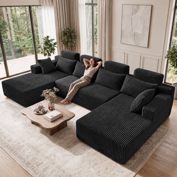 Boneless Couches, 134-Inch 3-Piece Corduroy U-Shaped Modular Sectional Sofa, Sleeper Conversion, No Assembly, Black for Living Room