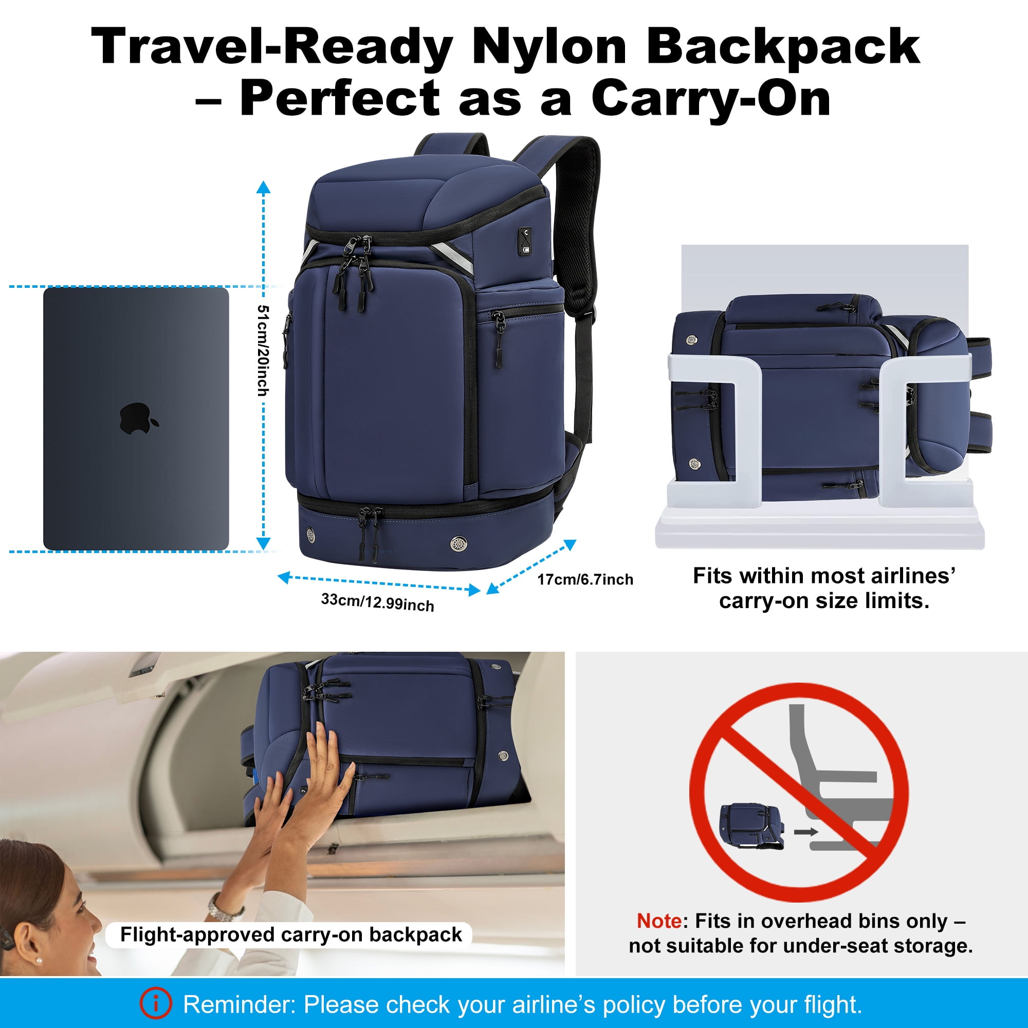 Men's Travel Backpack, Large Capacity Hiking Trekking Backpack, Business 17 Inch Laptop Backpack, Blue