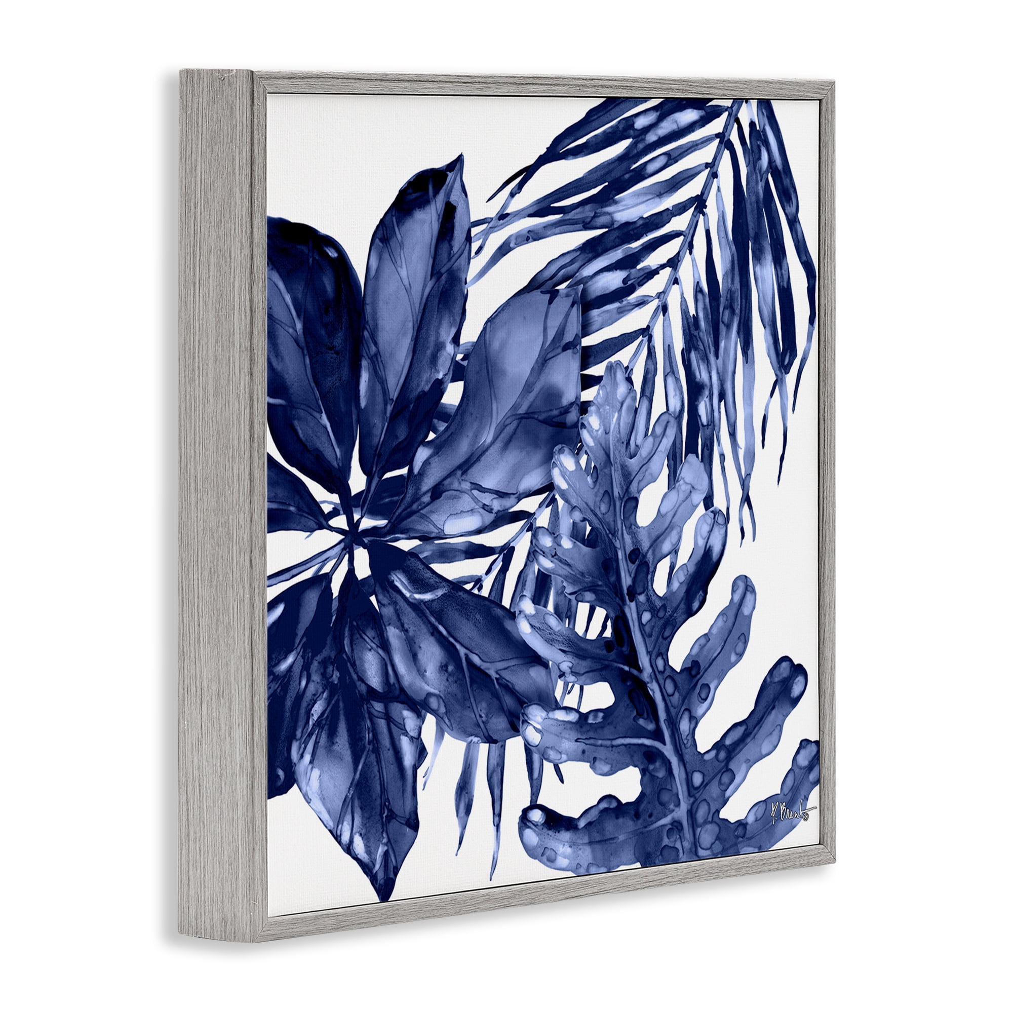 Stupell Industries Blue Hued Plant Leaves Botanical & Floral Painting Gray Framed Art Print Wall Art, 12 x 12