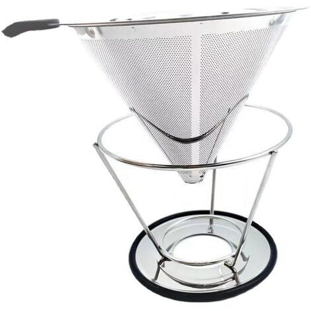 Filtro de café permanente de acero inoxidable sin papel con tubo de cepillo de limpieza, gotero de café cónico reutilizable con malla doble de acero inoxidable y mango de silicona para 1-4