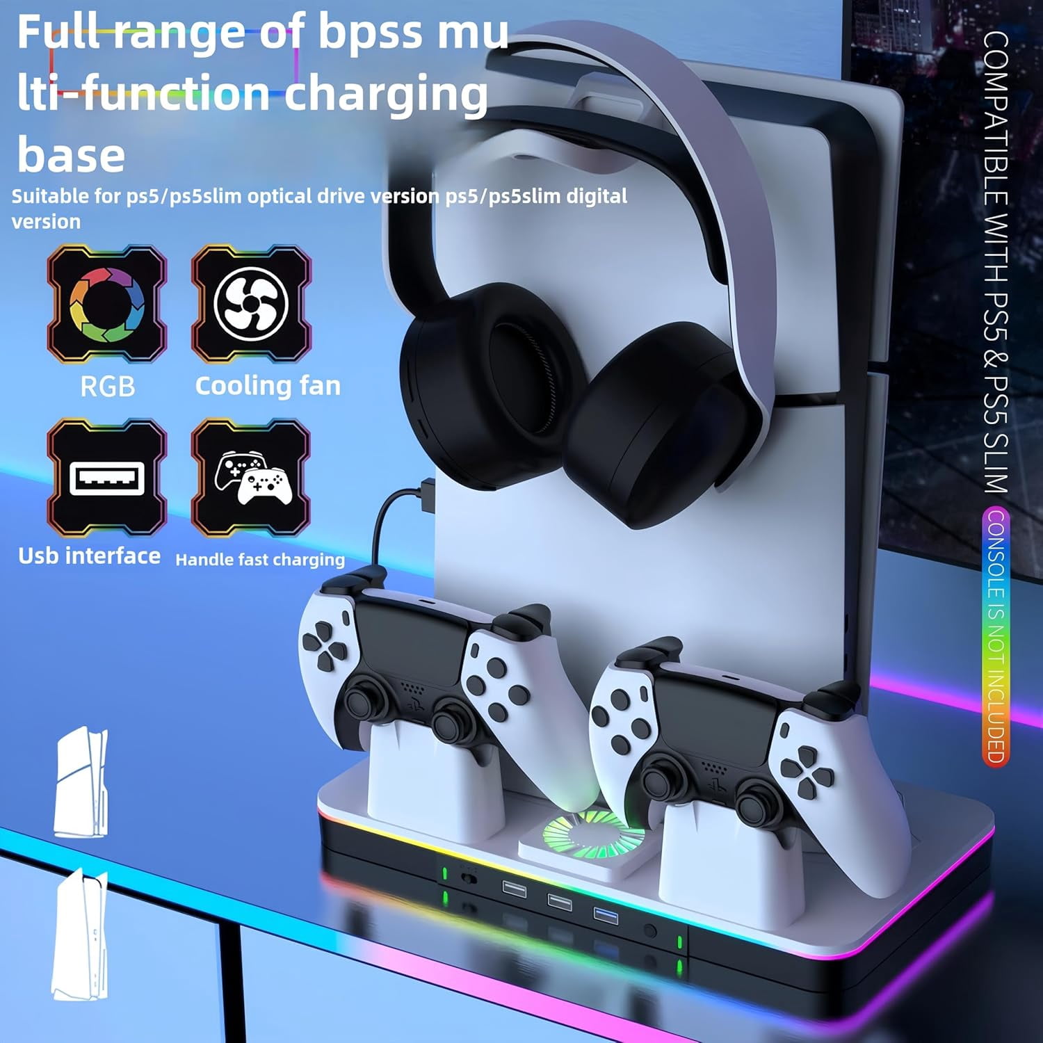 Cooling Station for PS5/PS5 Slim/PS5 Pro Console (Disc& Digital),PS5 Slim Stand with Fast Controller Charging Station,Controller Charger,3 Speeds Cooling Fan,Headset Holder,RGB Lights&3 USB Ports