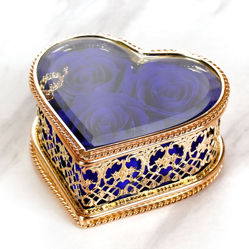 Enchante Preserved Forever Rose Vintage Heart Jewelry Box, Wedding Anniversary Birthday Valentine's Day Mother's Day Gift Eternity Flower, Blue