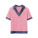 thumbnail image 2 of TaTaai Women’s Casual Lapel Button Blouse Short Sleeve Loose Fit Denim Stitching Pullover Top Solid Color Polyester Spring Holiday Wear Gift, 2 of 7
