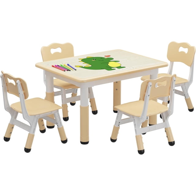 Ajustable en altura niños mesa y 4 sillas set: rectangular mesa superficie grafiti, non-slip legs, durable & safe bpa-free materials - ideal home, classroom, playroom (ages 3 - 8, burlywood)