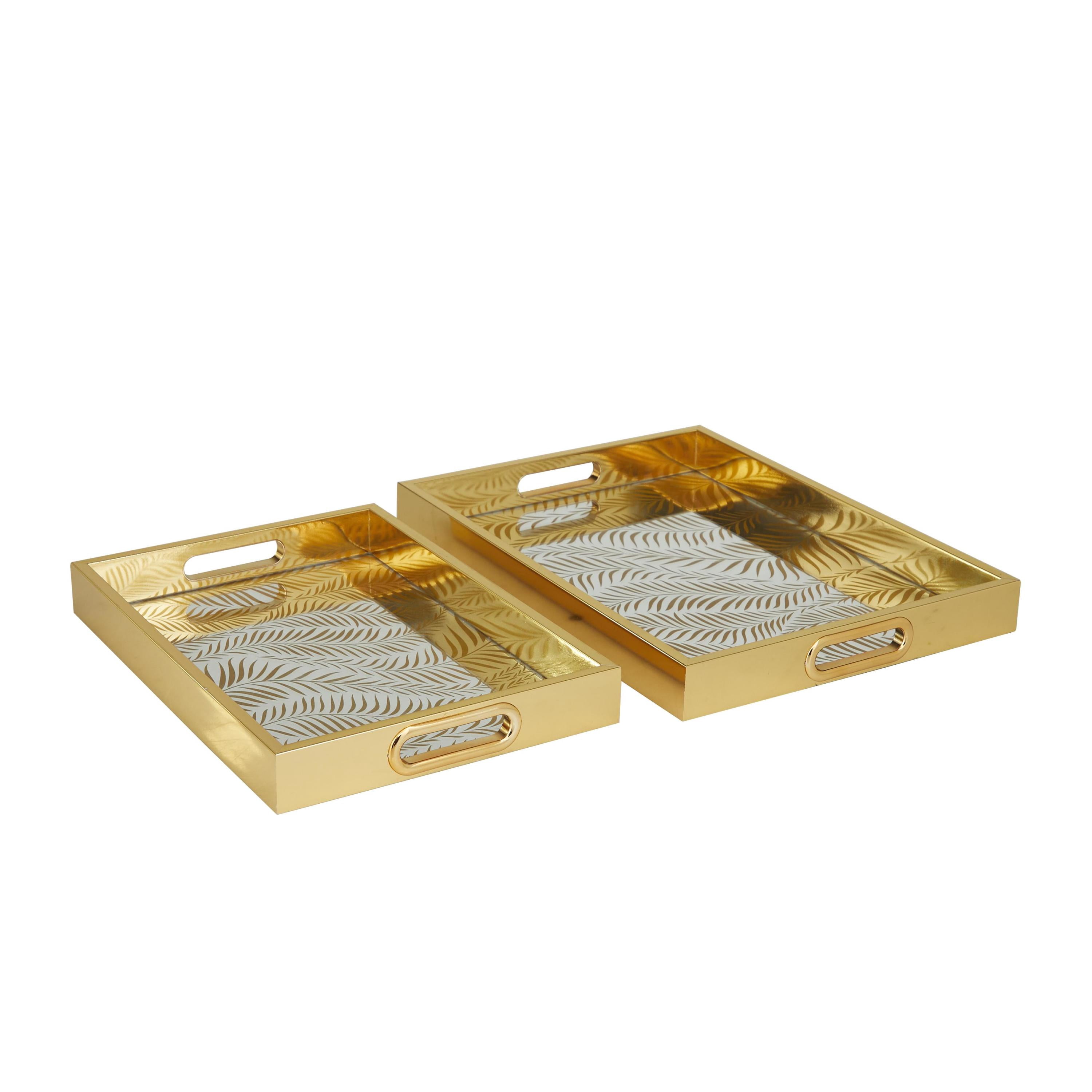 DecMode 16", 14"W Gold Plastic Mirrored Geometric Tray, 2-Pieces