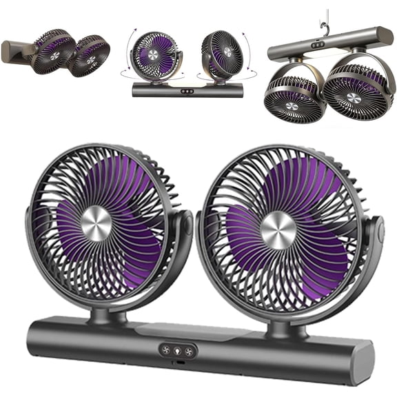 Dual Head Oscillating Ceiling Fan with Light, Dual Independent Control, 3-Speed Adjustable Wind, 180° Rotating USB Powered Hanging & Desk Fan for Bedroom Camping (Gray)