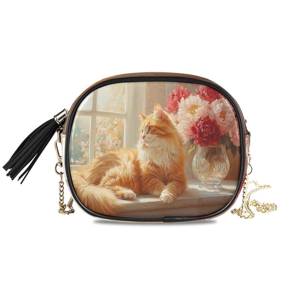 Womens Casual Chain Shoulder Bag Simple style Cat by Window with Flowers Crossbody Bag