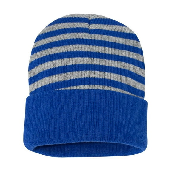 Couver Unisex 12 inch 100% Knit Acrylic Winter Stripped Beanie Hat Warm Skull Cap (Heather Grey/ Royal)