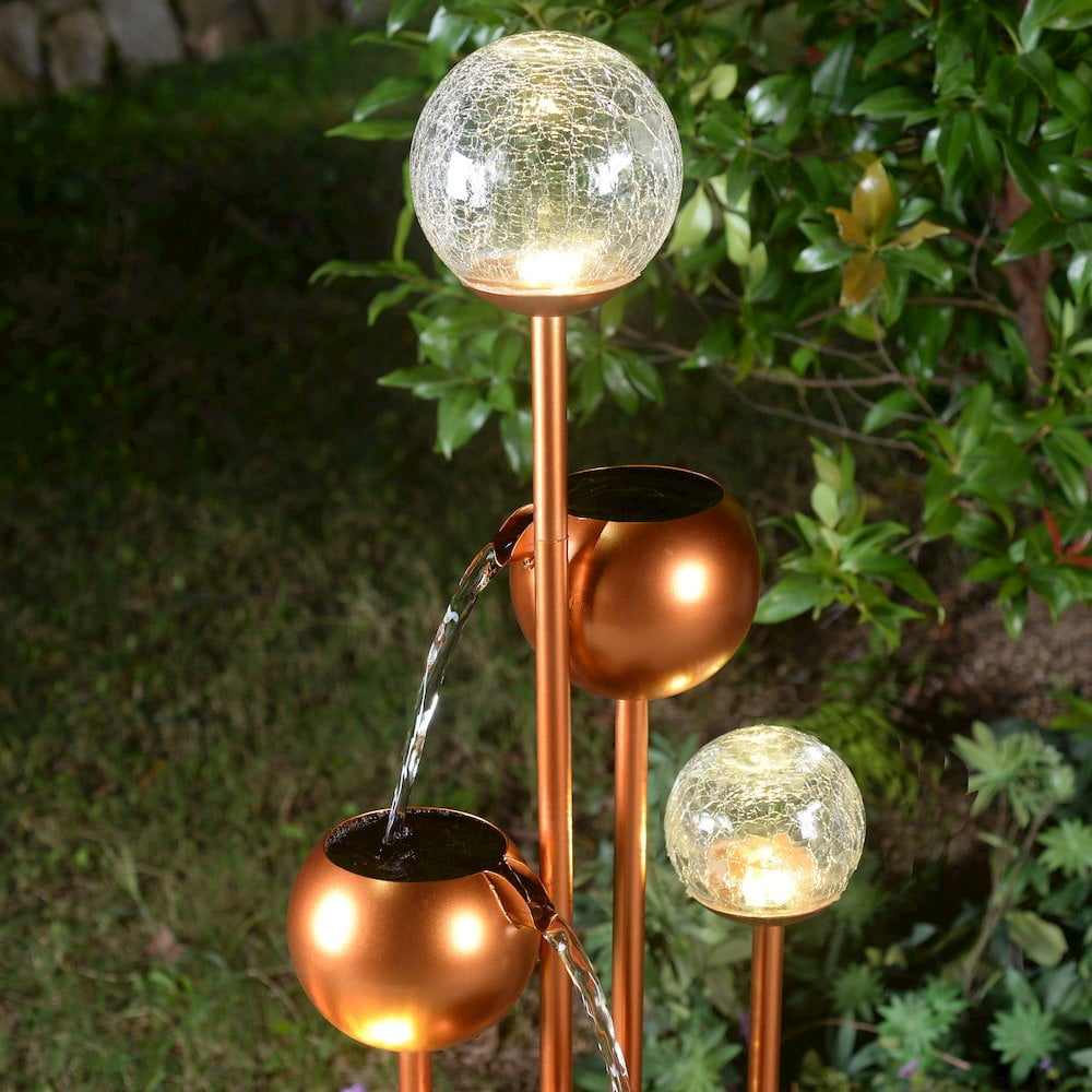 Hi-Line Gift LED Lights Metal Fountain with Glass Ball and White LED Lights Outdoor, Brown
