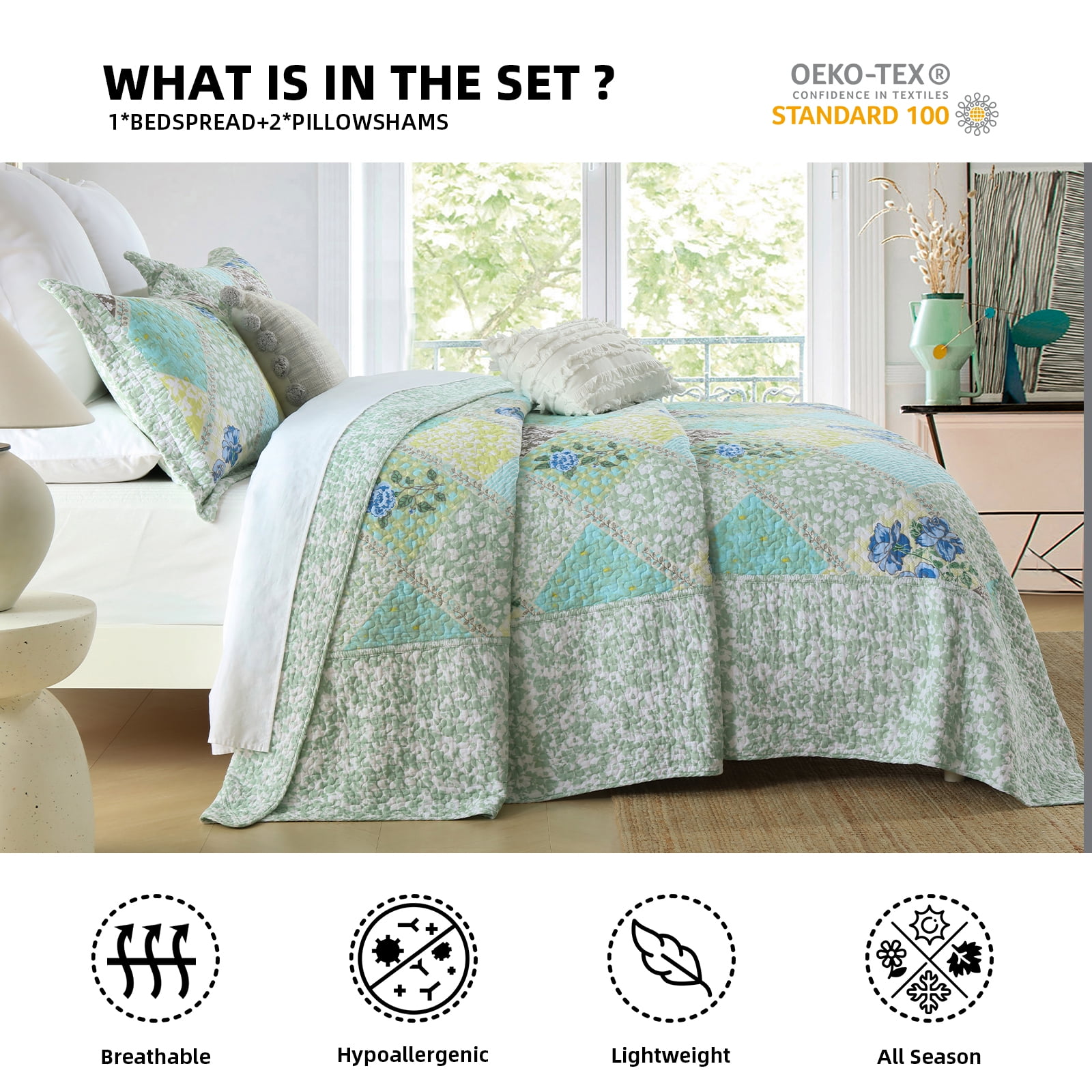 PANGUSHAN 100% Cotton 120"x120" Oversized California King Bedspread Coverlet Quilt Set, Cal King Quilted Bedspread Extra Large Wide Quilt, Floral XL Bed Spread Lightweight Comforter, 3pc, Green/Blue