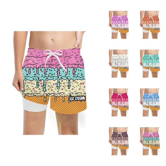 Boys Swim Trunks with Compression Liner Ice Cream Shorts Drawstring Quick Dry Swim Shorts for Boys Beach Vacation