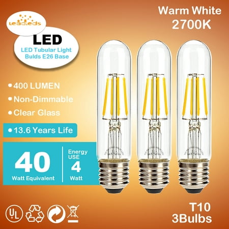

Leadleds 4W LED Edison Light Bulb T10 Tubular 2700K Warm White Non Dimmable E26 Base 40W Equivalent 3-Pack