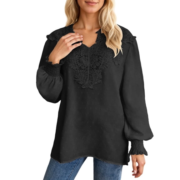 FASHOFT Long Sleeve Shirts for Women Elegant Lace Loose Fit V Neck T Shirt Spring Fall Casual Tops Basic Undershirts Tees Black L