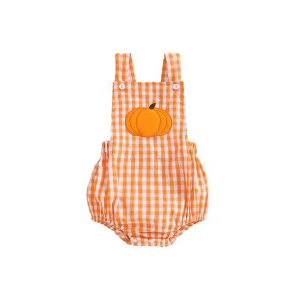BemeyourBBs Baby Halloween Romper Pumpkin Embroidered Plaid Sleeveless Jumpsuit