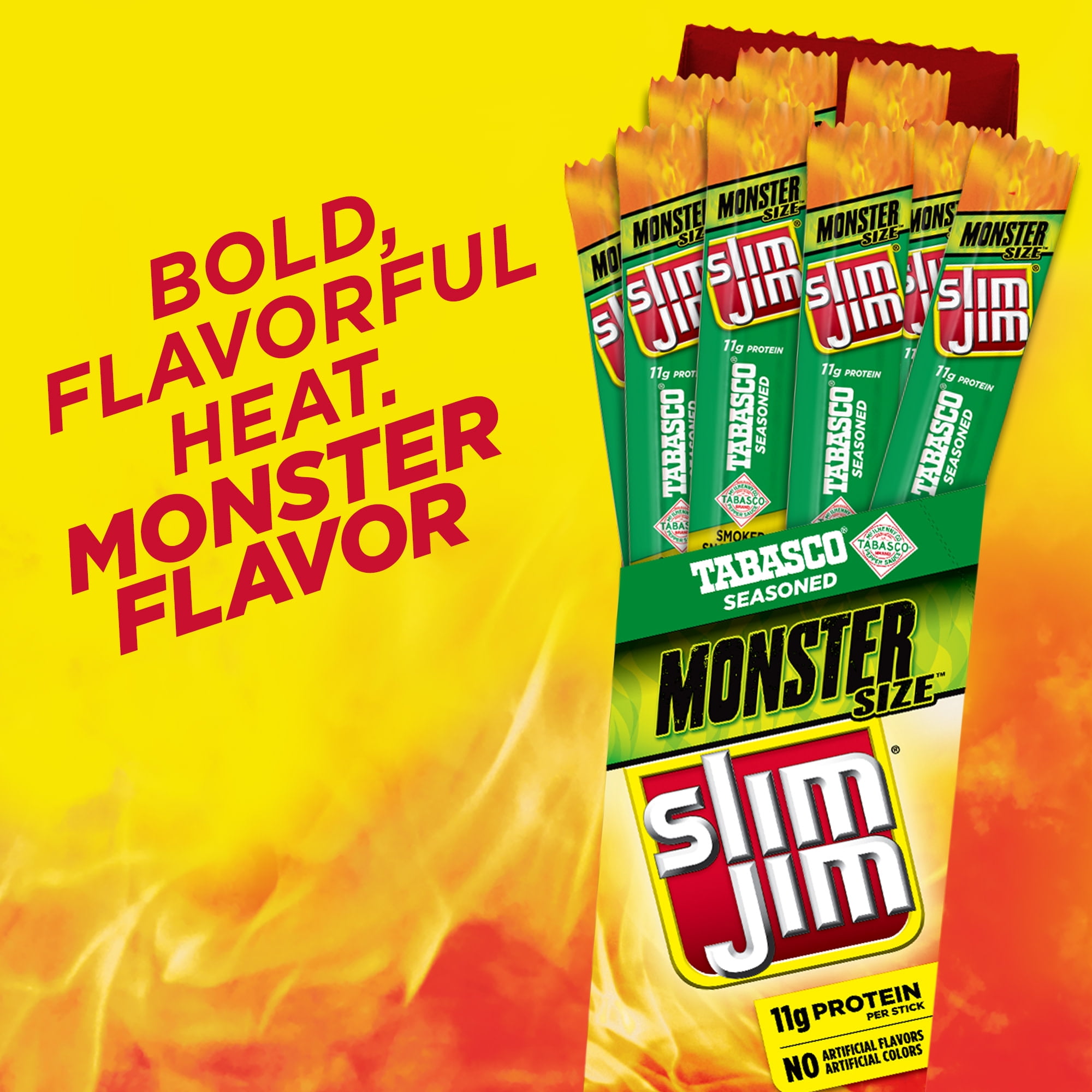 Slim Jim Monster Size Tabasco Smoked Snack Sticks Monster Meat Sticks 1 94 Oz 18 Ct Walmart Com Walmart Com