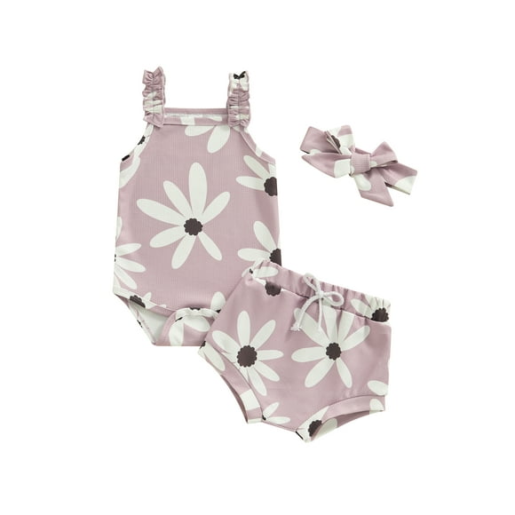 Gupgi Baby Girl Sleeveless Strap Floral Romper Elastic Waist Headband 2Pcs Infant Summer Clothing Set