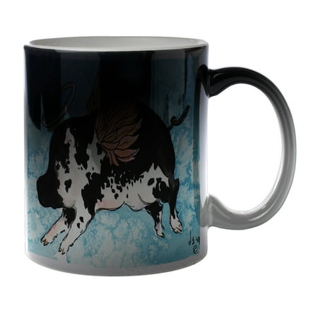 

KuzmarK Black Heat Morph Color Changing Coffee Cup Mug 11 Ounce - Flying Angel Pig Animal Art by Denise Every