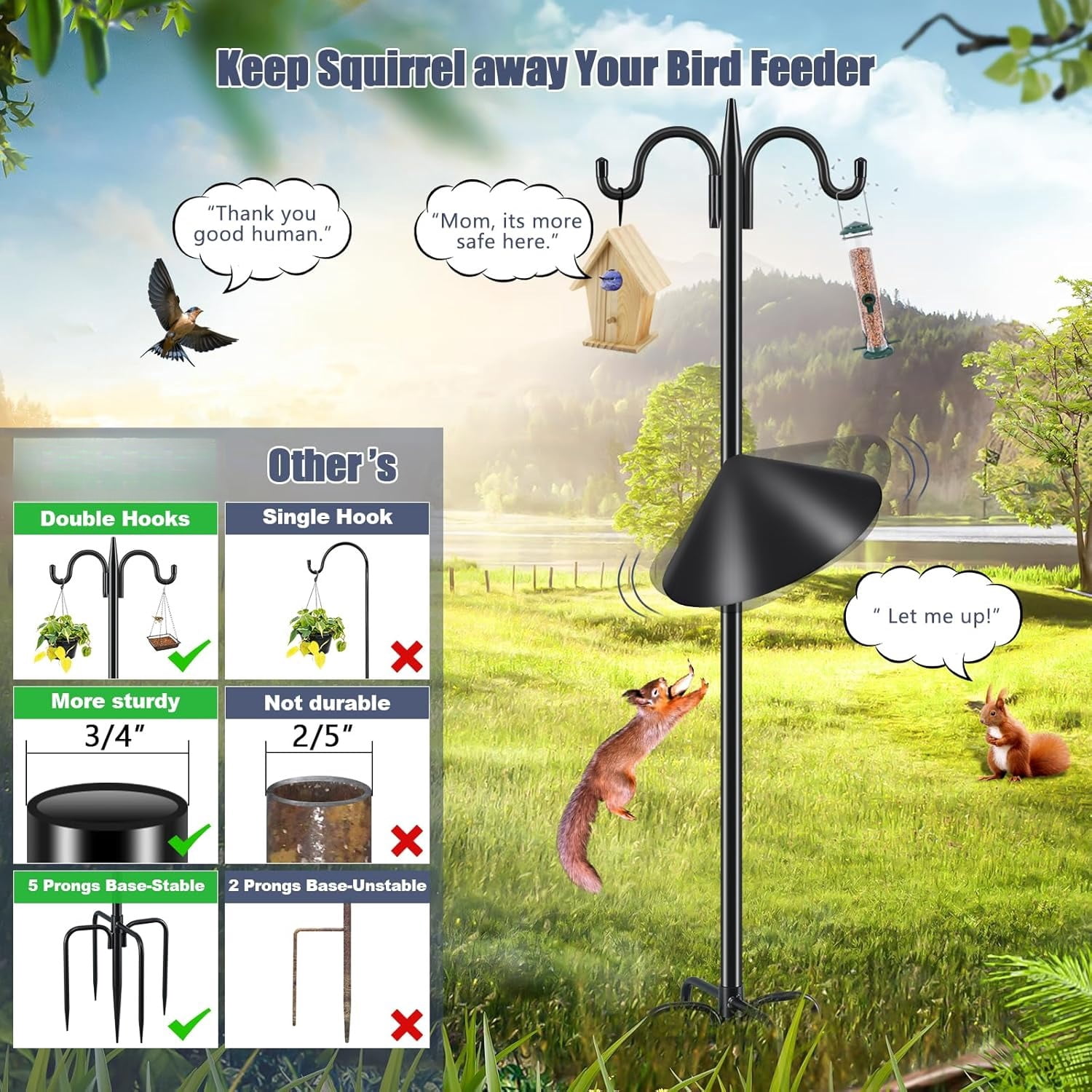 Double Shepherds Hook for Outdoor, 2 Pack 63 Inch Heavy Duty Bird Feeder Pole 5/8 Inch Thick Garden Hooks for Hanging Hummingbird Feeder, Plant Baskets, Solar Light Lanterns