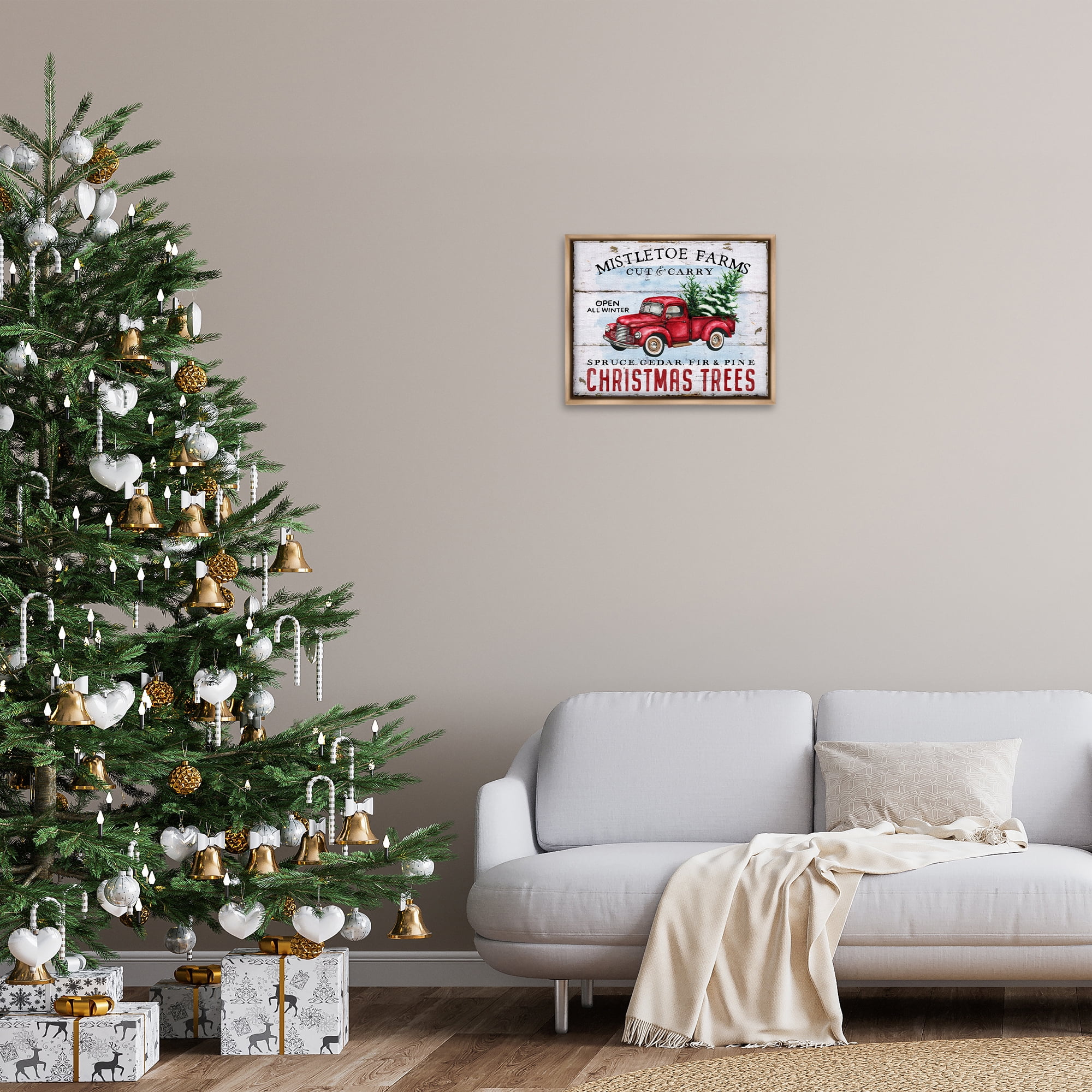 Stupell Industries Mistletoe Farm Trees Holiday Painting Brown Floater Framed Canvas Art Prints Wall Art, 21 x 17