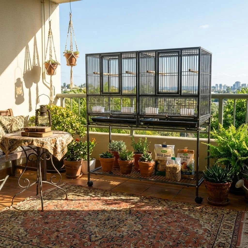 41 Inch Divided Breeding Flight Bird Cage with Rolling Stand. Detachable Breeder Parakeet Cage with Perches Food Boxes Slide-Out Tray. Large Bird Cages for Parrots Parakeet  Cockatiel Lovebird