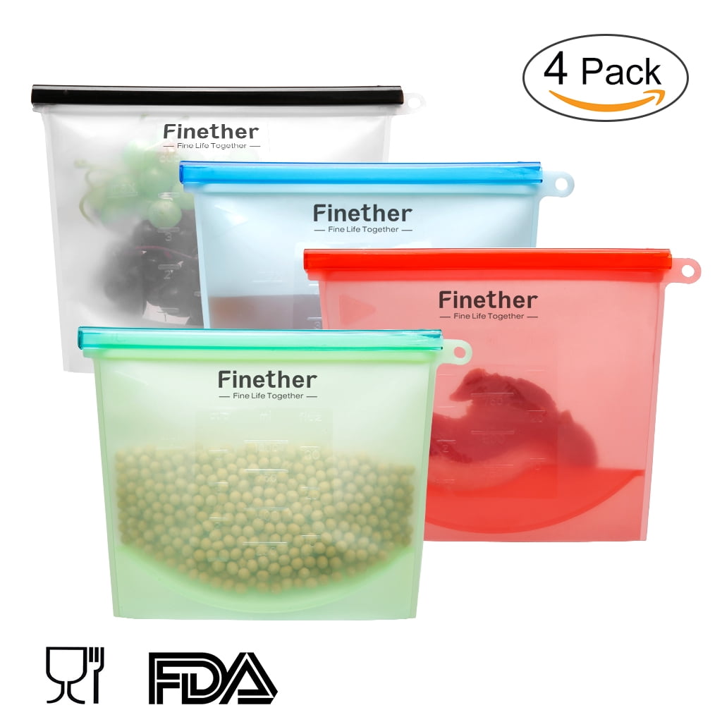 4Pack Silicone Food Storage Bag Hygienic LeakProof Airtight,FDA