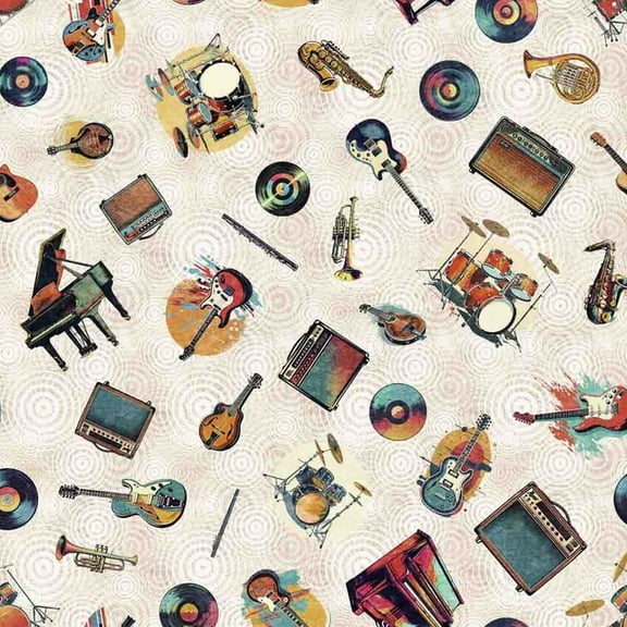 Rock n Roll Fantasy Musical Instruments Cream Cotton Fabric (Yard)