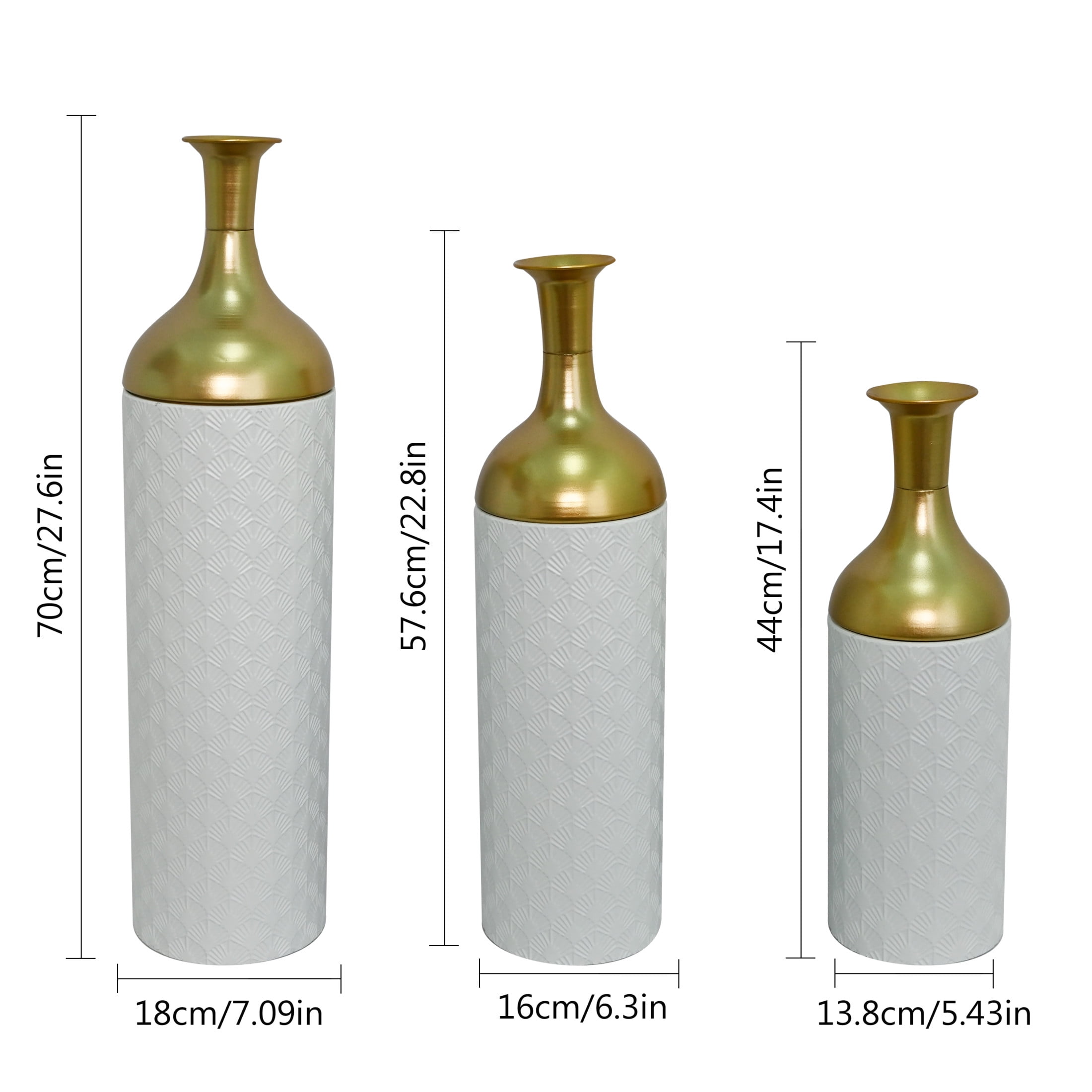 Noble House Set of 3 Decorative Metal Floor Vases, Fan Pattern Tall Vases, White+Gold